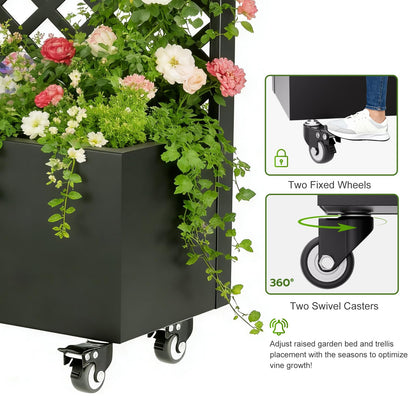72" Metal Planter Box with Trellis Outdoor and Wheels,Planter with Trellis Privacy Screen, Raised Garden Bed with Trellis and Drainage Holes for Climbing Plants, Vegetables, Vines