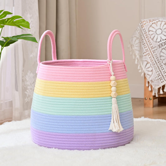 Degeyoyo Large Nursery Hamper, 30L Blanket Basket with Handle, Baby Laundry Basket for Gift, Toy, Clothes, Woven Storage Basket with Wooden Bead Decor, Baby Hamper for Nursery(Rainbow)