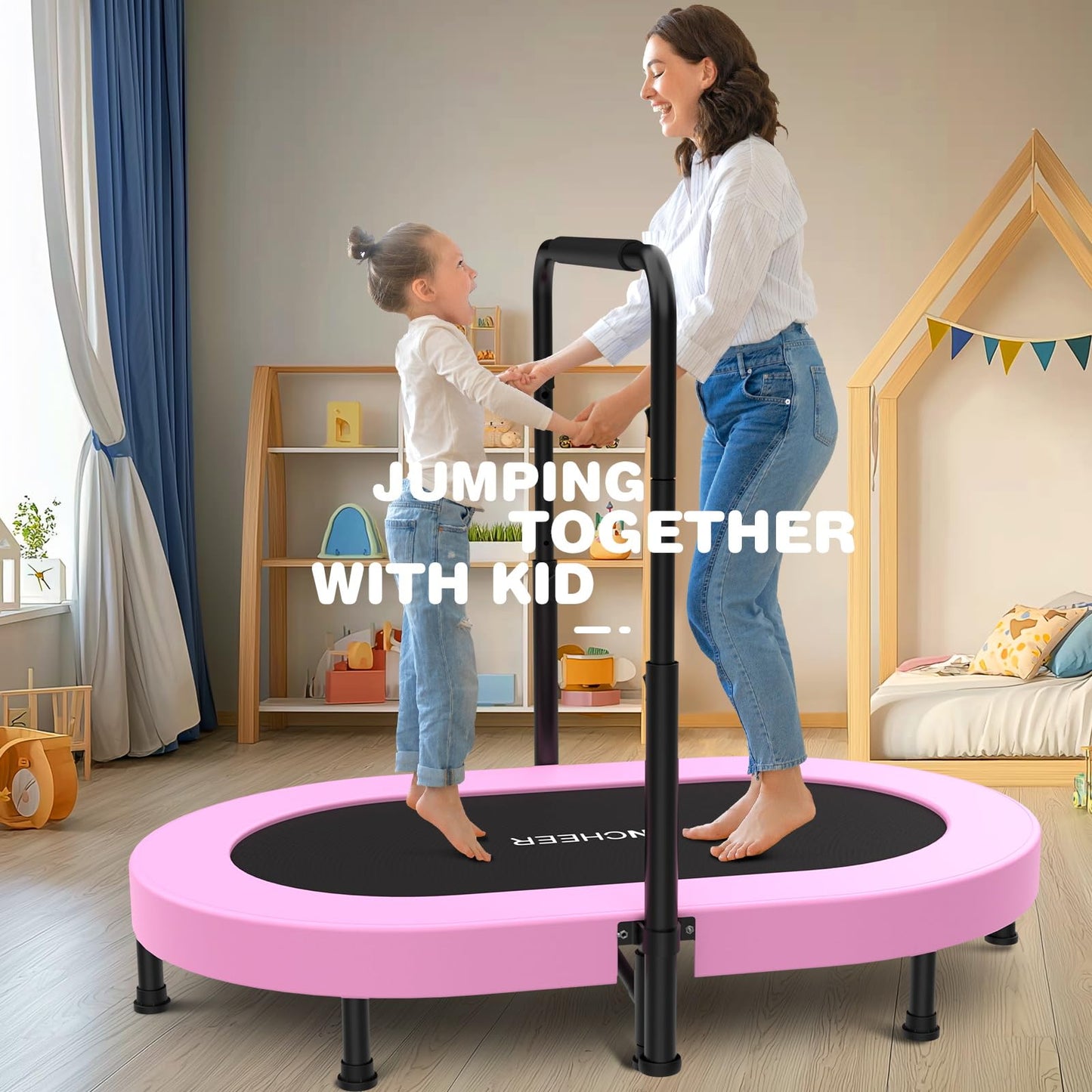 ANCHEER Trampoline, Mini Trampoline with Adjustable Handle - Indoor/Outdoor Rebounder for Kids & Toddlers, 56'' Safe Oval Fitness Trampoline with Bar for Home Fun