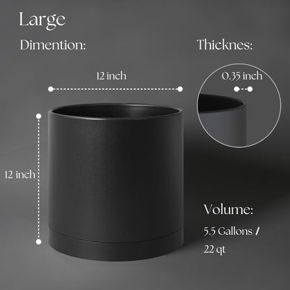 Giraffe Creation 12-Inch Round Cylinder Plant Pot, Modern Indoor/Outdoor Planter with Drainage Hole, Saucer & Water Reservoir, Black