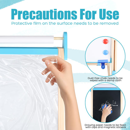 Wooden Easel for Kids, Adjustable Kids Art Easel, Learning Toy for Boys and Girls Ages 3-4 4-8 8-12, Wooden Blackboard & Magnetic Whiteboard and Drawing Paper Holder, 2 Drawing Paper Roll