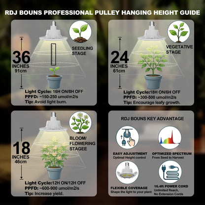 RDJ Bouns 80W Hanging Grow Light for Indoor Plants, High PPFD Full Spectrum Pendant Plant Light with Adjustable Pulley & 4 Foldable Panels, Built-in 4/8/12H Auto Cycle Timer,16.4ft Power Cord, Plug-in