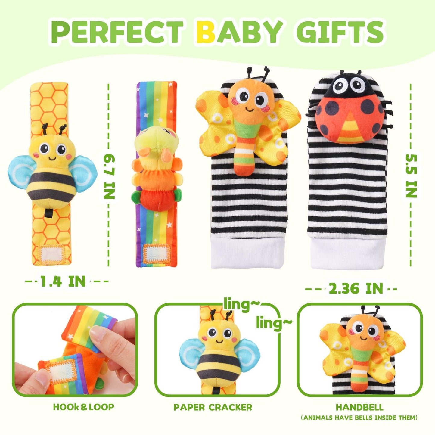 Baby rattles 0-6 Months, Cute Soft Newborn Wrist Rattle Foot Finder Socks Set,Infant Newborn Sensory Toy for 0 3 6 9 12 Months Boys Girls Gift (Insect)