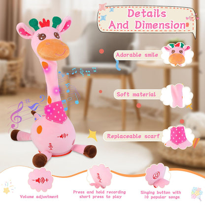 LLUKEME Dancing Giraffe Toy Stuffed Animal Baby Toys Singing Song Toddlers Toy Repeats What You Say Glowing Musical Toy for Baby Birthday Gift Groovy Giraffe Toy (Pink Giraffe)