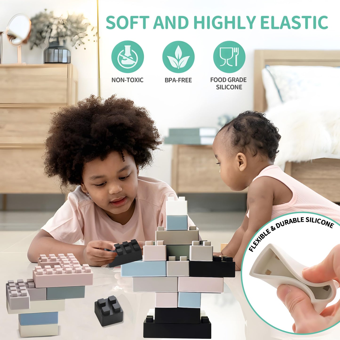 Silicone Blocks and Sensory Balls Toy Set - Montessori Soft Baby Blocks and Textured Baby Rattle Balls, Ideal Preschool Learning & Toddler Gifts