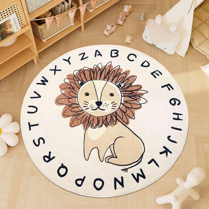 USTIDE Lion Kids Rug 4Ft, Super Soft Round Play Mat Lion Rug Alphabet Learning Carpet Large Cartoon Area Rug for Nursery Bedroom Playroom