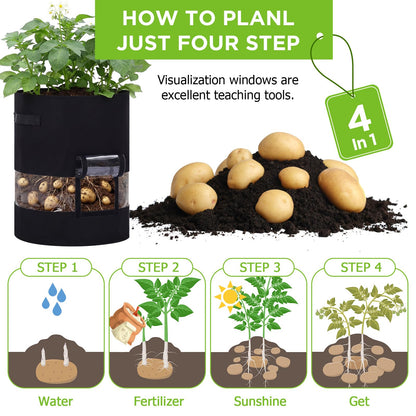 Baderke 4 Pack Visible Potato Grow Bags with Harvest Window, 360 Visibility Plant Grow Bags with Handles for Planting Potatoes, Tomatoes and Vegetables (20 Gallon,Black)