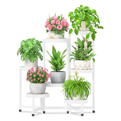 iDavosic.ly 7 Tier Folding Plant Stand Indoor Outdoor with Plastic Tray, Tiered Corner Flower Holder Shelf, Metal Orchid Display Rack for Patio Porch Living Room Garden Balcony, White