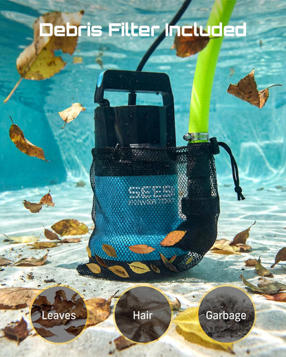 SEESII 1HP Submersible Water Pump, 4755GPH High Flow Sump Pump with 23ft Hose Kit, Anti-Clogging Filter Net for Swimming Pool Hot Tub Pond Basement Rooftop Garden Water Removal