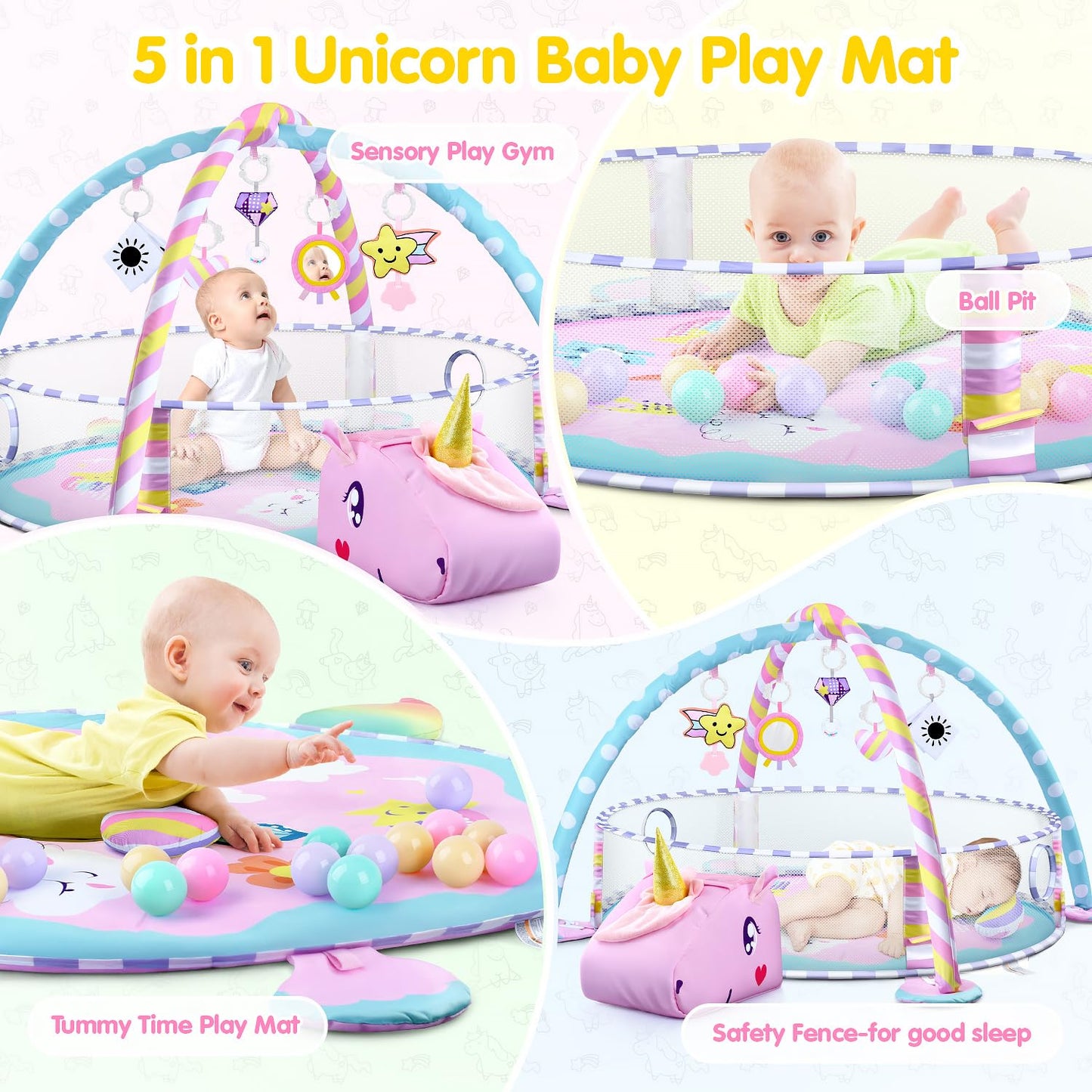 WeeHomm Baby Play Mat & Activity Mat - Baby Play Gym Tummy Time Mat with 6 Detachable Sensory Toys for Motor Skills Development, Newborn Baby Toys 0-6-12 Months Essentials Gift Playmats