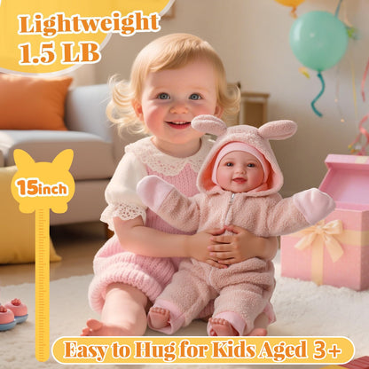 BABESIDE 15-Inch Baby Doll with Feeding Set, Lightweight First Baby Doll for Kids 3+, Realistic Baby Girl with Soft Cuddly Body for Easy Holding and Pretend Play