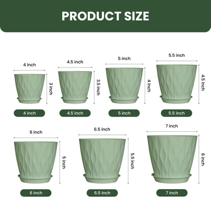LESOASIS Plastic Plant Pots, 7/6.5/6/5.5/5/4.5/4 inch Flower Pots with Drainage Holes and Trays, 7 Pack Planter for Indoor Outdoor Plants (Green)