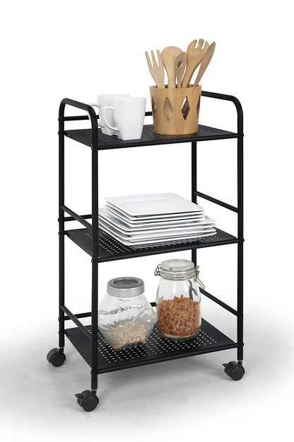 SunnyPoint 3-Tier Rolling Utility Cart – Metal Storage Organizer with Wheels, Mobile Kitchen Cart, Office & Home Organizer, Black, 12" D x 16.92" W x 31.1" H