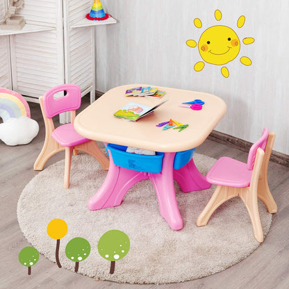 KOTEK Kids Table and Chair Set with Storage Bin, 3 Piece Activity Table Set with 2 Chairs for Toddler, Children Art Crafts Study Desk for Reading, Drawing, Painting (Pink)