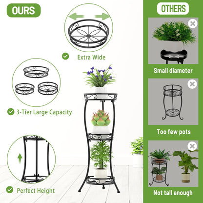 iDavosic.ly 3 Tier Tall Metal Plant Stand Indoor Outdoor, Wrought Iron Corner Flower Pot Holder Shelf, 34 Inch Vertical Display Rack for Patio Porch Living Room Garden, Black