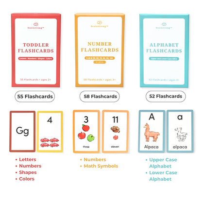 BRAINSTRONG Preschool and Toddler Flashcards | Ages 2-5 | Preschool - Kindergarten | Letter Numbers Shapes Colors | Brainstrong Premium Flash Cards | Preschool Learning Esssentials in Three Decks