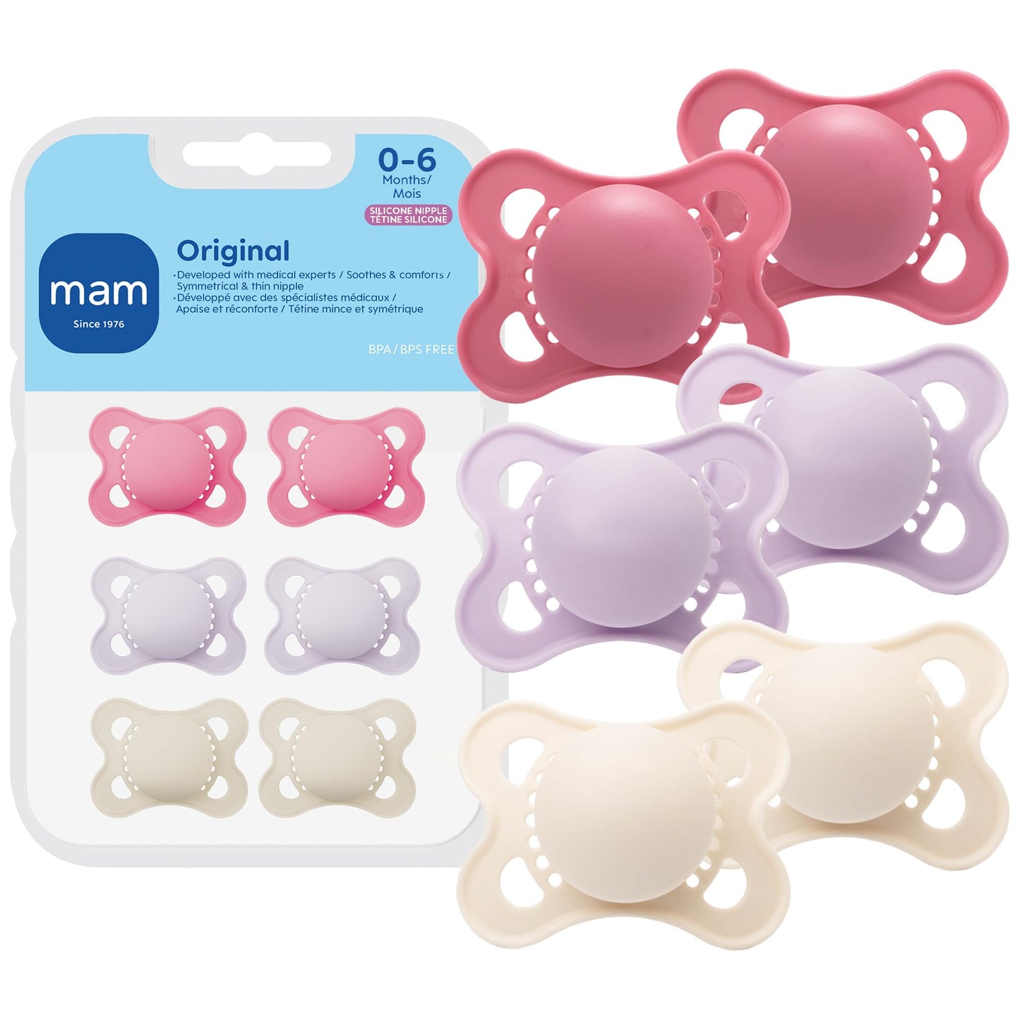 MAM Original Baby Pacifiers 0-6 Months, Binky for Newborn Babies, BPA-Free Skin Soft Silicone Nipple, Glows in The Dark, Developed with Medical Experts, 6 Count, Made in Europe