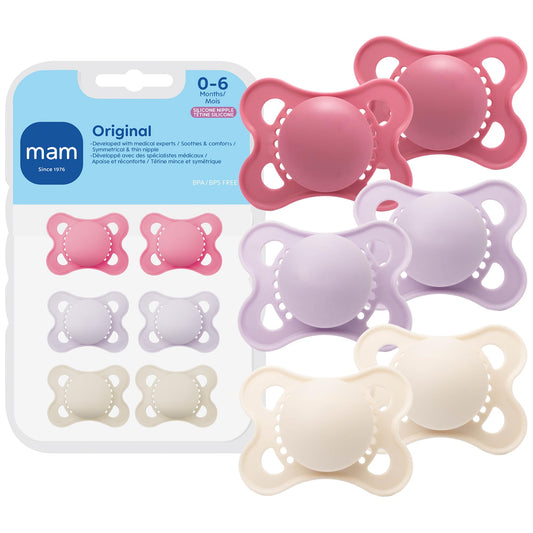 MAM Original Baby Pacifiers 0-6 Months, Binky for Newborn Babies, BPA-Free Skin Soft Silicone Nipple, Glows in The Dark, Developed with Medical Experts, 6 Count, Made in Europe