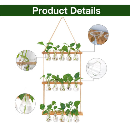 XXXFLOWER Wall Hanging Propagation Station with Wooden Stand 5 Bulb Vase 3 Tiers Planters Wall Terrarium for Home Office Plant Hanger Flower Vases Wall Decor