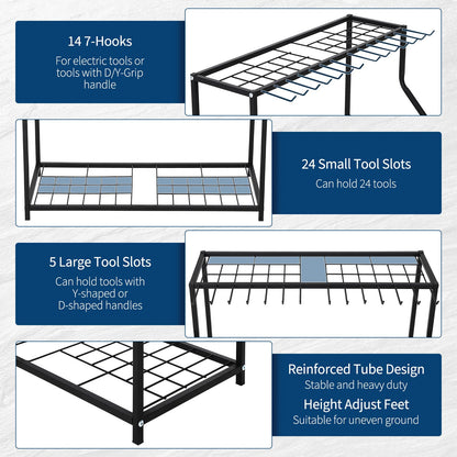 Garden Tool Organizer 2 Tier Yard Storage Rack With14 Hooks,Heavy Duty Holder With 43 Long-Handled Slots,Freestanding Tool Organizers and Storage for Yard Shed and Lawn