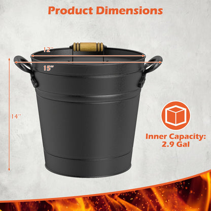 Tangkula 3 Gallon Ash Bucket with Lid, Galvanized Metal Coal Ash Cleaning Can w/Mango Wood Handle & Dual Side Handles, Indoor & Outdoor Fireplace Tool Ash Pail for Fire Pits Wood Burning Stoves