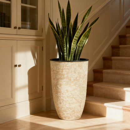 Worth Garden 21" H Beige Tall Planters set of 2 with Inside Pots - 14'' Dia Plastic Large Round Plant Tree Pots with Drain Hole - Decorative Imitation Stone Finish for Indoor Outdoor Front Porch Patio