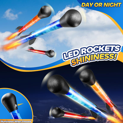 JUKUDAHU Rockets for Kids Age 4-8 with 4 LED Rockets and Launcher - Outdoor Toys for 4 5 6 7 8-12 Year Old Boy Birthday Gift, Air Powered Flying Toy Shooting Up to 100 Feet, Toys for Kids Ages 8-12