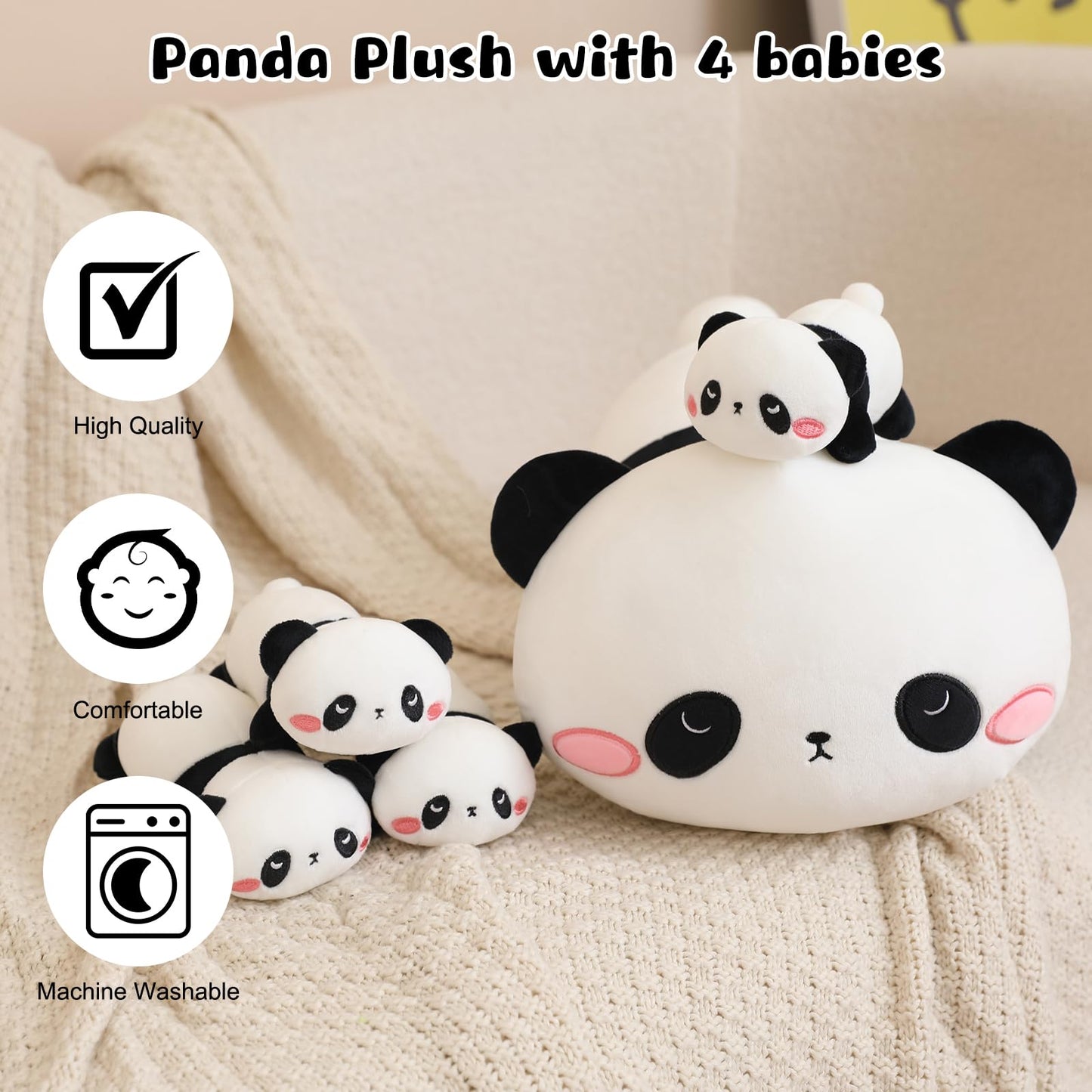 TOYSYM Panda Stuffed Animal Cute Panda Plush Pillow with 4 Baby Plushies in Her Tummy, Soft Cotton Stuffed Animals Toy Gifts for Kids
