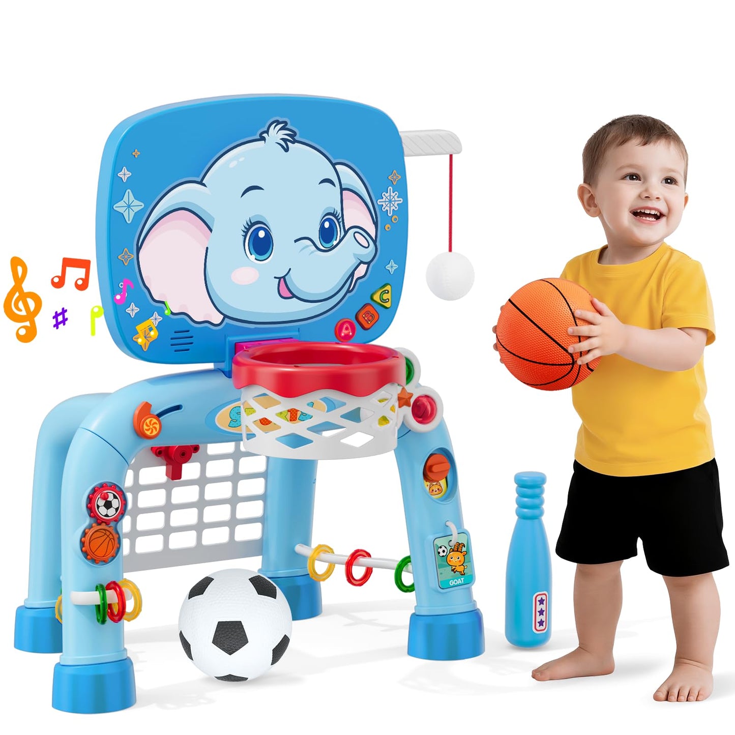 Wee Wonders Toddler Basketball Hoop & Soccer Goal Tball Set, Kids Sport Toys with Light & Sound, Musical Activity Center Toys for 1 2 3 Years Old Boys, Christmas Birthday Gifts for Baby 12-18 Months