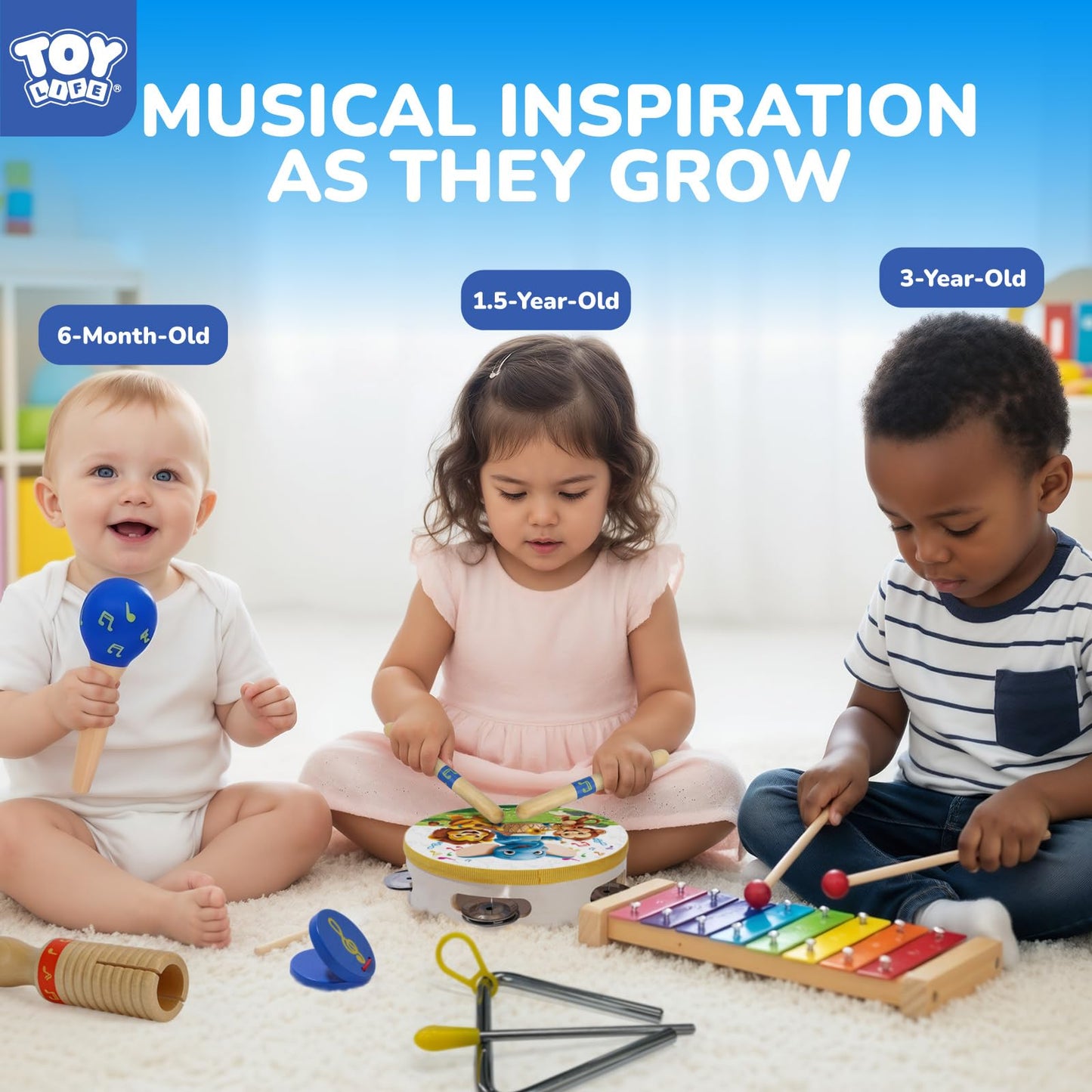 TOY Life Toddler Musical Instruments for Kids, Baby Musical Toys for Toddlers 1-3, Montessori Wooden Toys Percussion Instruments Set with Tambourine Xylophone Maracas for Kids Preschool Education