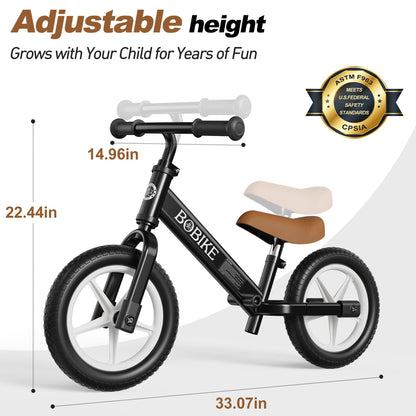 Bobike Toddler Balance Bike, Balance Bike with Footrest for Ages 2-5, Adjustable Seat & Handlebar, No-Pedal Training Bicycle, Gift for Boys and Girls(Black)