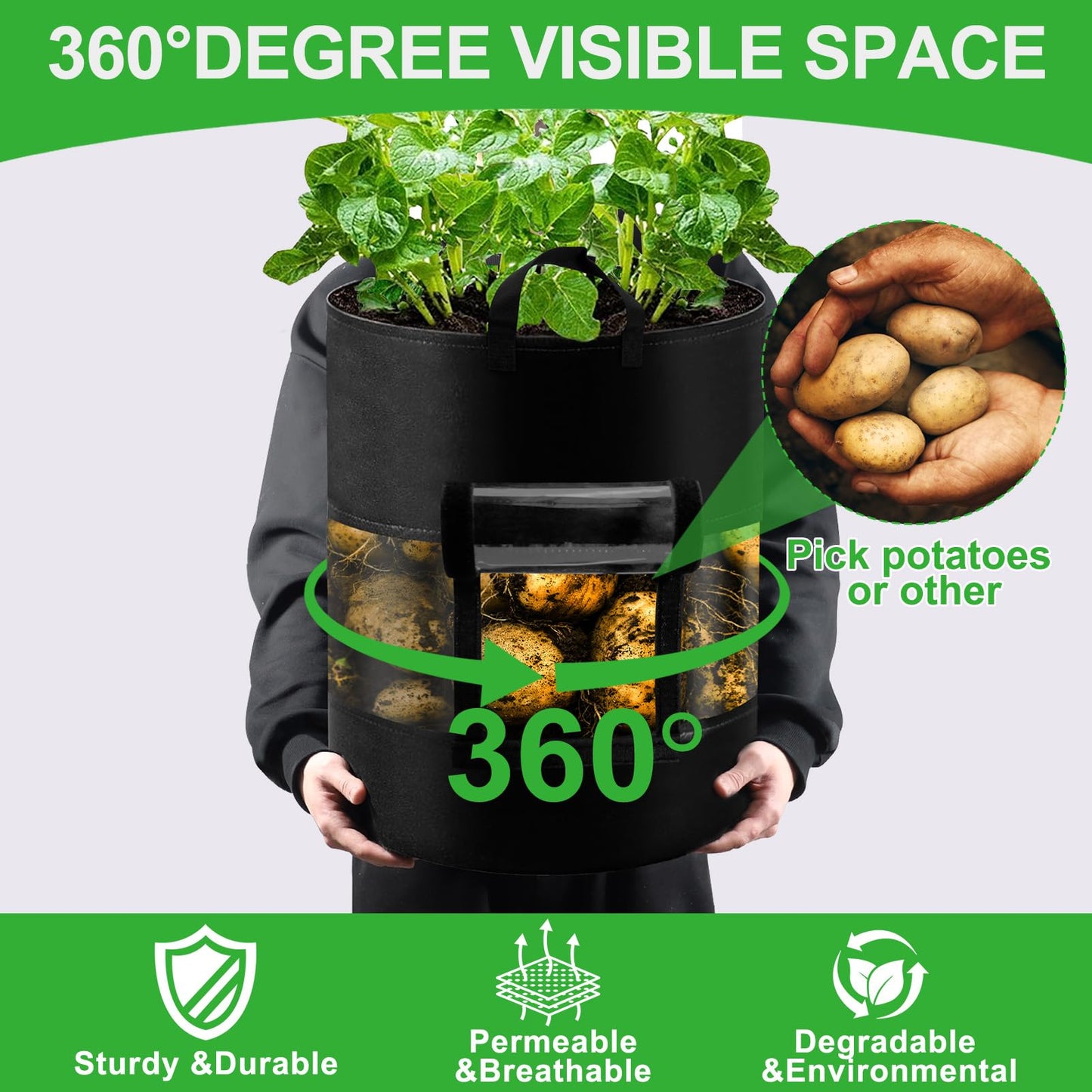 2 Pack 15 Gallon 360°Visible Potato Grow Bags,Heavy Duty Thickened Nonwoven Fabric Planter Bags with 2 Clear Harvest Windows&Removable Shading Cover,Reinforced Handles,Vegetable Grow Bags with Labels