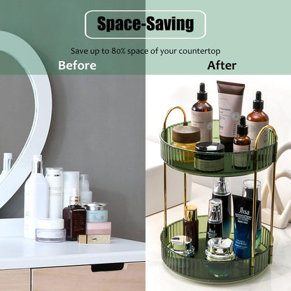 Zufudo Rotating Makeup Organizer Countertop 2 Tier Lazy Susan Trays Clear Skincare Perfume Storage for Bathroom Counter Vanity, Green Gold