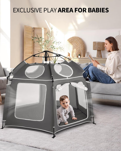Pop-Up Portable Baby Playpen with UV Canopy, Waterproof Outdoor & Indoor Play Tent, Breathable Mesh Sides, Quick Setup Folding Baby Play Yard with Carry Bag & Stakes 59"