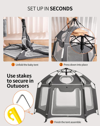 Pop-Up Portable Baby Playpen with UV Canopy, Waterproof Outdoor & Indoor Play Tent, Breathable Mesh Sides, Quick Setup Folding Baby Play Yard with Carry Bag & Stakes 59"
