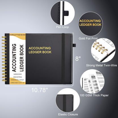 HAUTOCO Hardcover Accounting Ledger Book for Small Business Bookkeeping Horizontal Money Expense Tracker Notebook with 2 Storage Pouch, Personal Columnar Log Journal 10.78 x 8'', Black