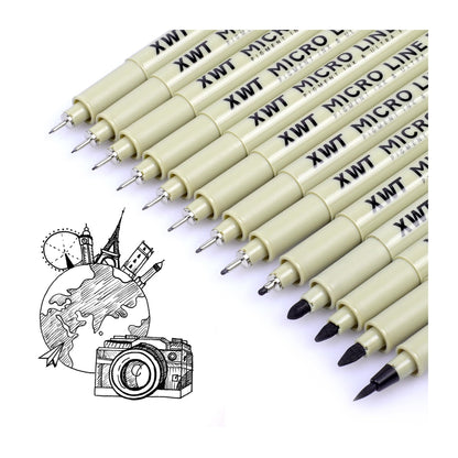 XWT 12+1 Fineliner Drawing Art Pens, Black Waterproof Pigment Ink Set for Artists, Sketching, Manga, Watercolor, Calligraphy, and Detail Outlining Archival Quality Inking Markers