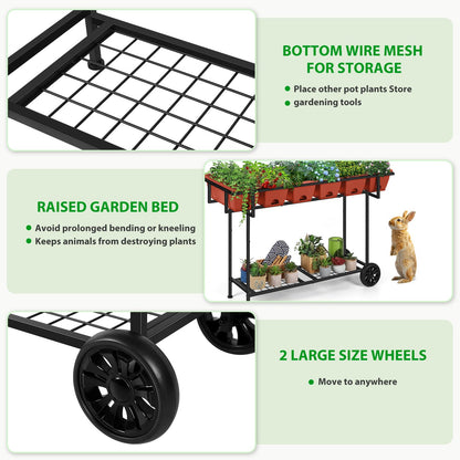 Vrisa Elevated Raised Garden Bed Outdoor with Legs 43x17x29 in Plastic Standing Planter Box with Storage Shelf and Wheels Vegetables Herbs Flowers Gardening Boxes for Backyard, Patio, Balcony, Black