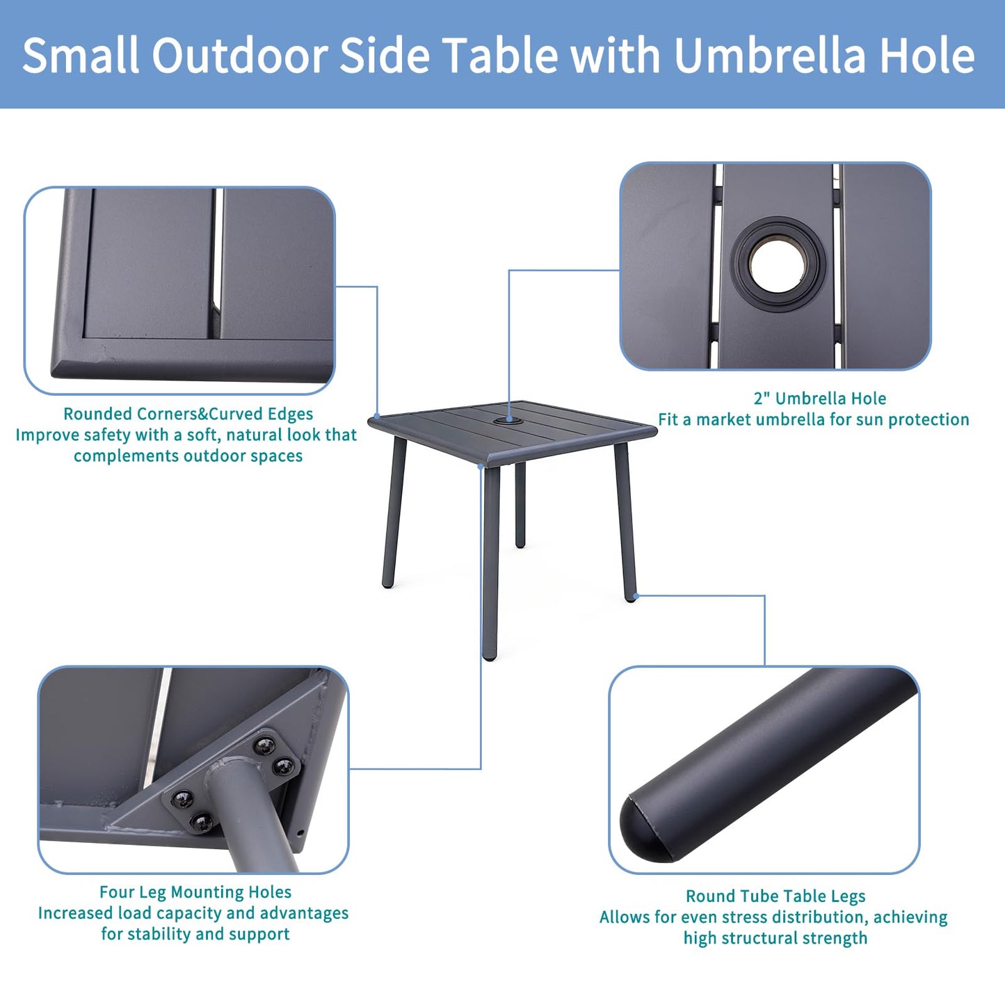 UFavo Home Small Metal Outdoor Side Table with Umbrella Hole, Sqaure Patio Coffee Bistro Table End Table, Umbrella Table with Hole for Poolside Backyard Porch Deck Balcony,19.7x19.7 inches, Gray