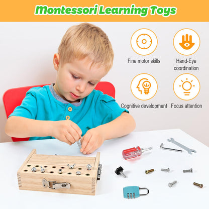 WoodTrove Montessori Screwdriver Board Set, Montessori Toys for 3 4 5 with 3 Lock and Keys, Toddler Screwdriver Toy, Kids Tool Set, Preschool Learning Sensory Toy, Fine Motor Skills Toys