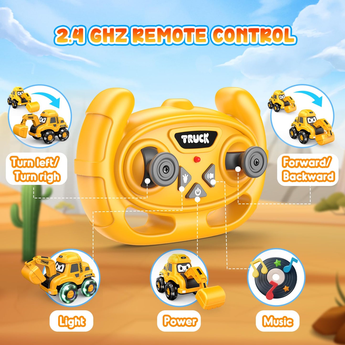 Toyjolka Toddler Remote Control Car with Flashing Light Wheels for 2 3 4 5 6 Year Old Boys Girls, USB Rechargeable Construction Excavator Toy for Toddlers 2-6 Great Birthday Gift Idea for Kids