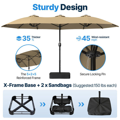 Suteck 15x9 ft Patio Umbrella with Base Included, Double-Sided Rectangle Outdoor Large Umbrella with Crank Handle, UV & Fade Resistant Canopy for Poolside, Backyard, Deck and Market, Beige