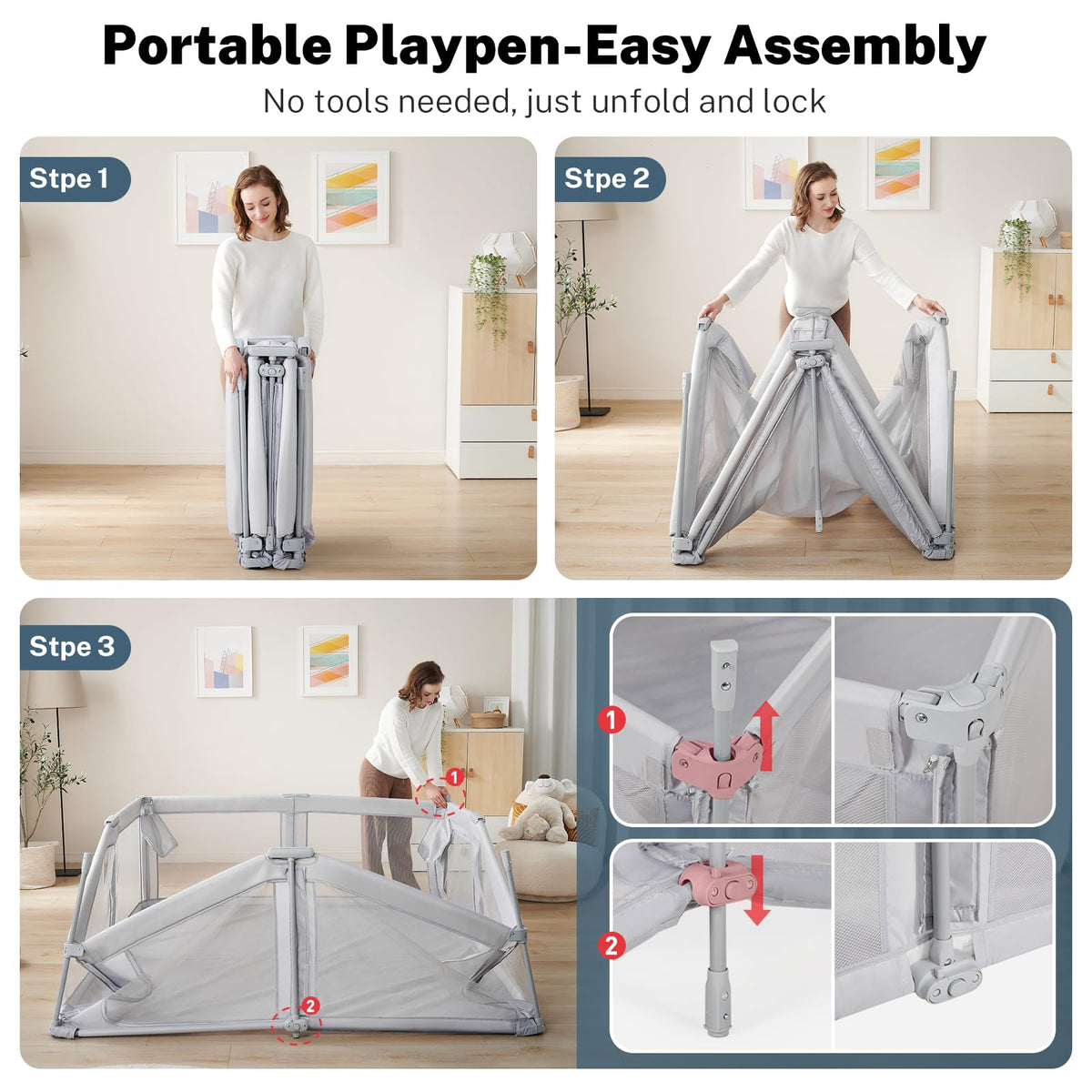 Baby Playpen Portable, Pre-Assembled Play Pen 71x79 Large Foldable Playpen for Babies and Toddlers, Sturdy and Safe Toddler Play Yard Indoor Outdoor with Carry Bag, Grey