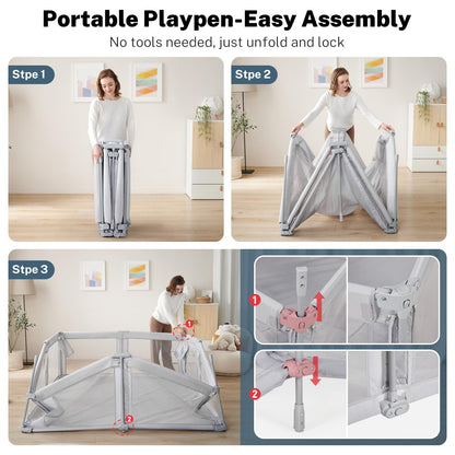 Baby Playpen Portable, Pre-Assembled Play Pen 71x79 Large Foldable Playpen for Babies and Toddlers, Sturdy and Safe Toddler Play Yard Indoor Outdoor with Carry Bag, Grey