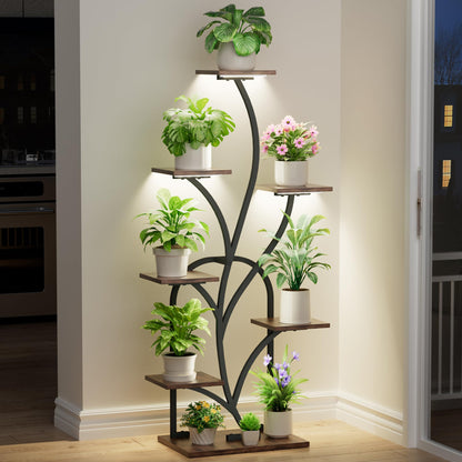 BEVAURORA Plant Stand Indoor with Grow Lights - 51" Tall Plant Stand, Corner Plant Shelf for Indoor Plants, 8 Tiered Lighted Flower Holder, Vase-shaped Plant Rack for Home, Black & Brown