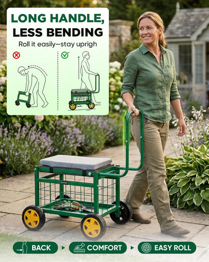 Saker Rolling Garden Cart with Seat & Wheels - 15.7'' EVA Padded Rolling Stool, 500 lb Steel Frame, Large Storage Basket - Garden Wagon Workseat for Patio Lawn Yard (Luxury Version)