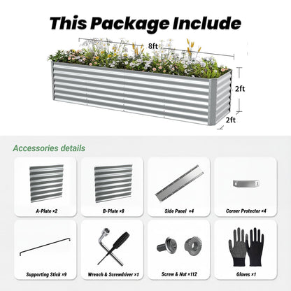 Reachible 8x2x2FT Galvanized Raised Garden Beds Outdoor,Planter Raised Beds for Gardening, Vegetables, Flowers,Large Metal Garden Box,Deep Plant Flower pots Outdoor (Galvanized, 1Pack)