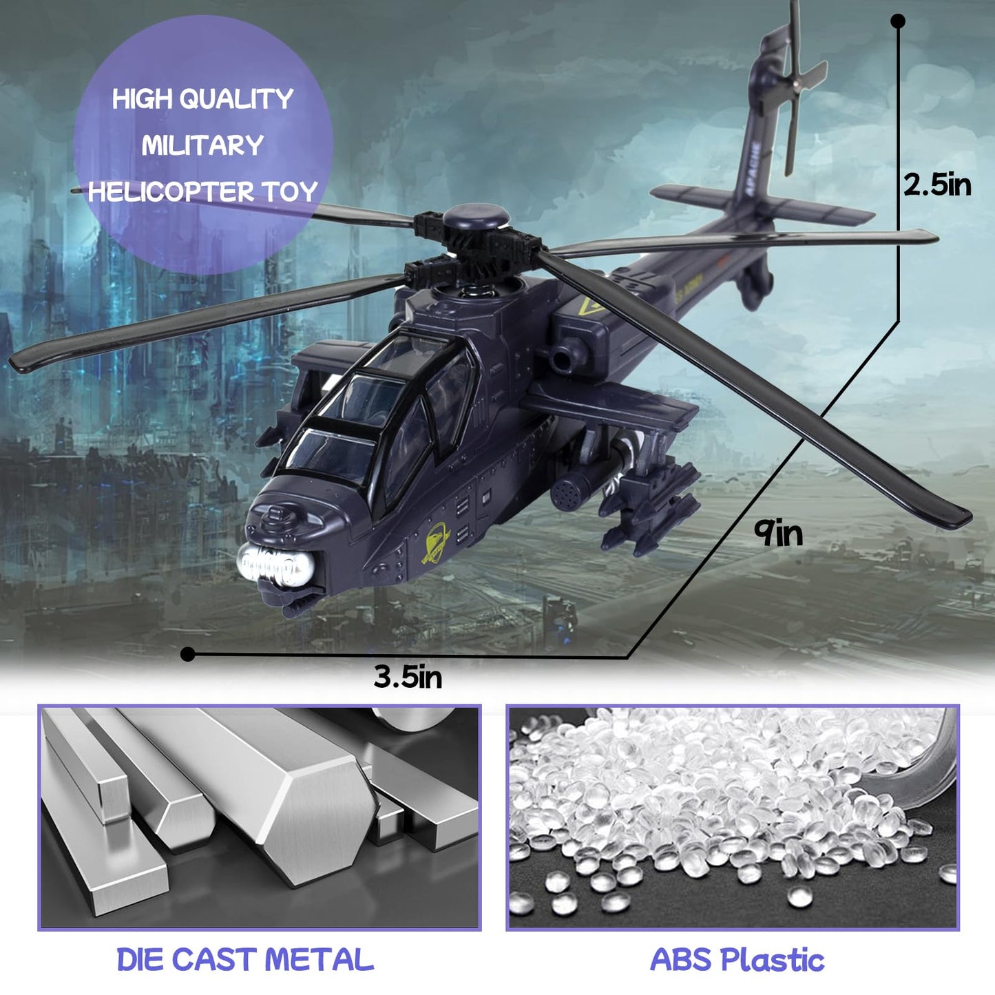 Tcvents Army Police Helicopter Toy for Boys Age 4-7, Diecast Military Toys Helicopter Model with Sounds & Lights, Pull Back Alloy Plane Birthday Gifts for Kids Toddlers 3-9 (Holder Included)