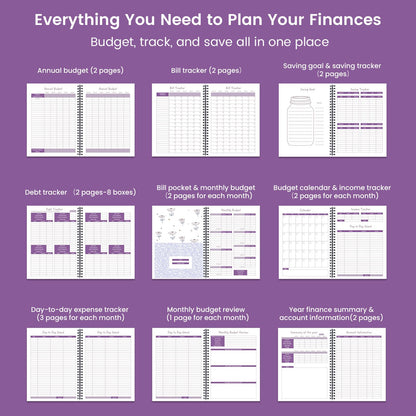 Monthly Budget Planner Book (Undated) with 12 Pockets for Income, Debt, Saving, Expense and Bill Tracker Organizer, Purple, Spiral Design