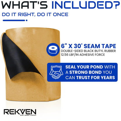 Pond Liner Seam Tape - 30 Feet x 6 Inch - Double Sided Butyl Tape - Bond Seal or Repair EPDM PVC HDPE LDPE RPE LLDPE - Perfect for Small or Large Fish and Koi Ponds Waterfalls and Water Features